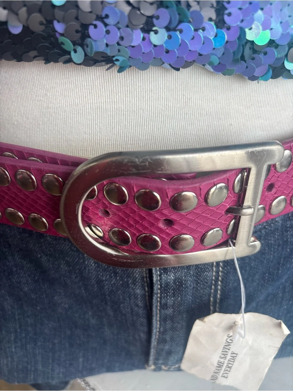 Vintage Y2K DKNY Pink Studded Leather Belt with Silver Buckle